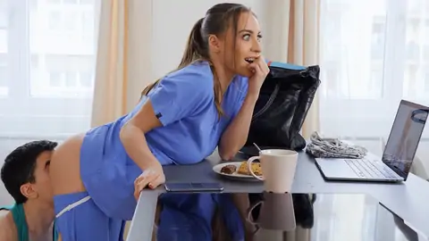 Promiscuous nurse gets her large inborn breasts massaged by her boyfriend