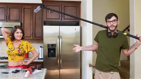 Prepping to smash the dark haired honey with a machine